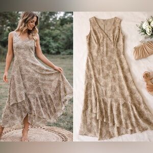 Maggy London Silk Floral Taupe Maxi Dress 16 Ruffle Hem Formal Romantic Vintage